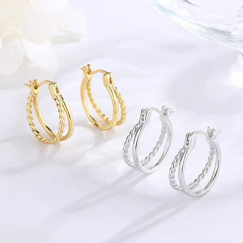 S925 Sterling Silver Double Layer Earrings Earrings Earclasp Female Small Earrings Simple and Versatile Forest Ring Earstuds