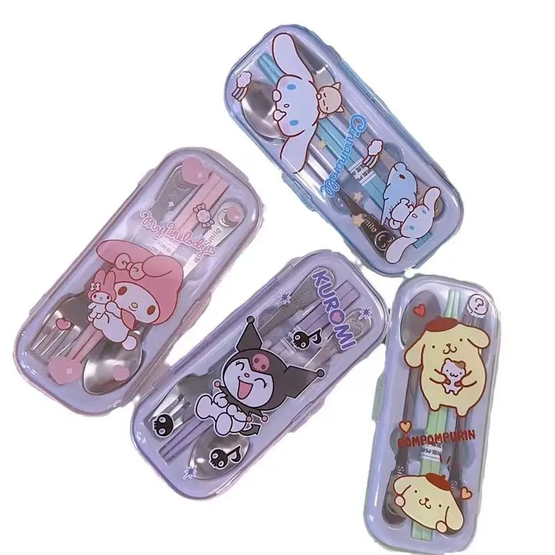 New Sanrio Portable Kuromi Cinnamon Dog Children and Students Stainless Steel Chopsticks Fork Chopstick Set Cutlery Box