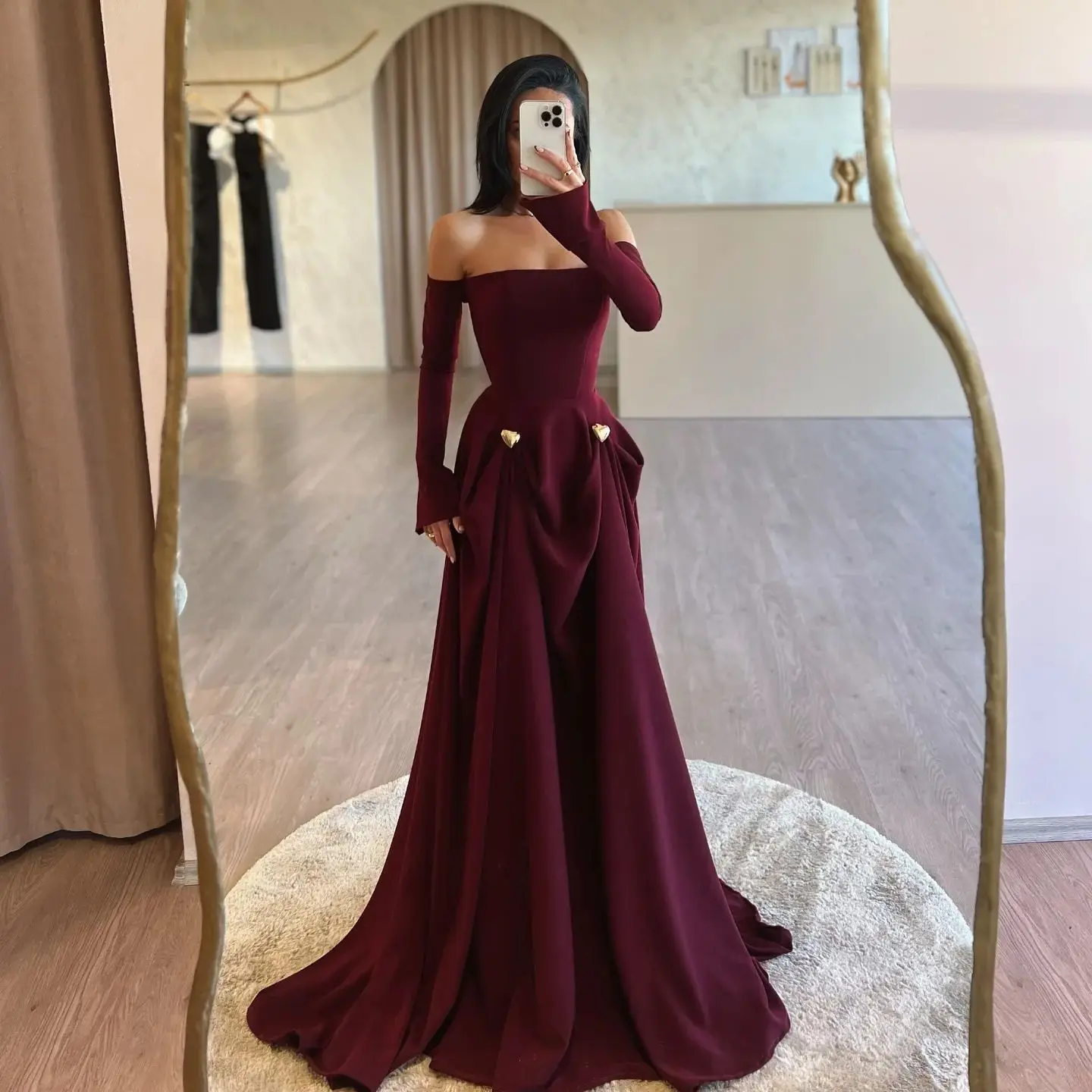 Burgundy Evening Dresses A Line Sweetheart Formal Gala Gowns for Women Full Sleeves Vestido de Soriee Brithday Celebrity Dresses