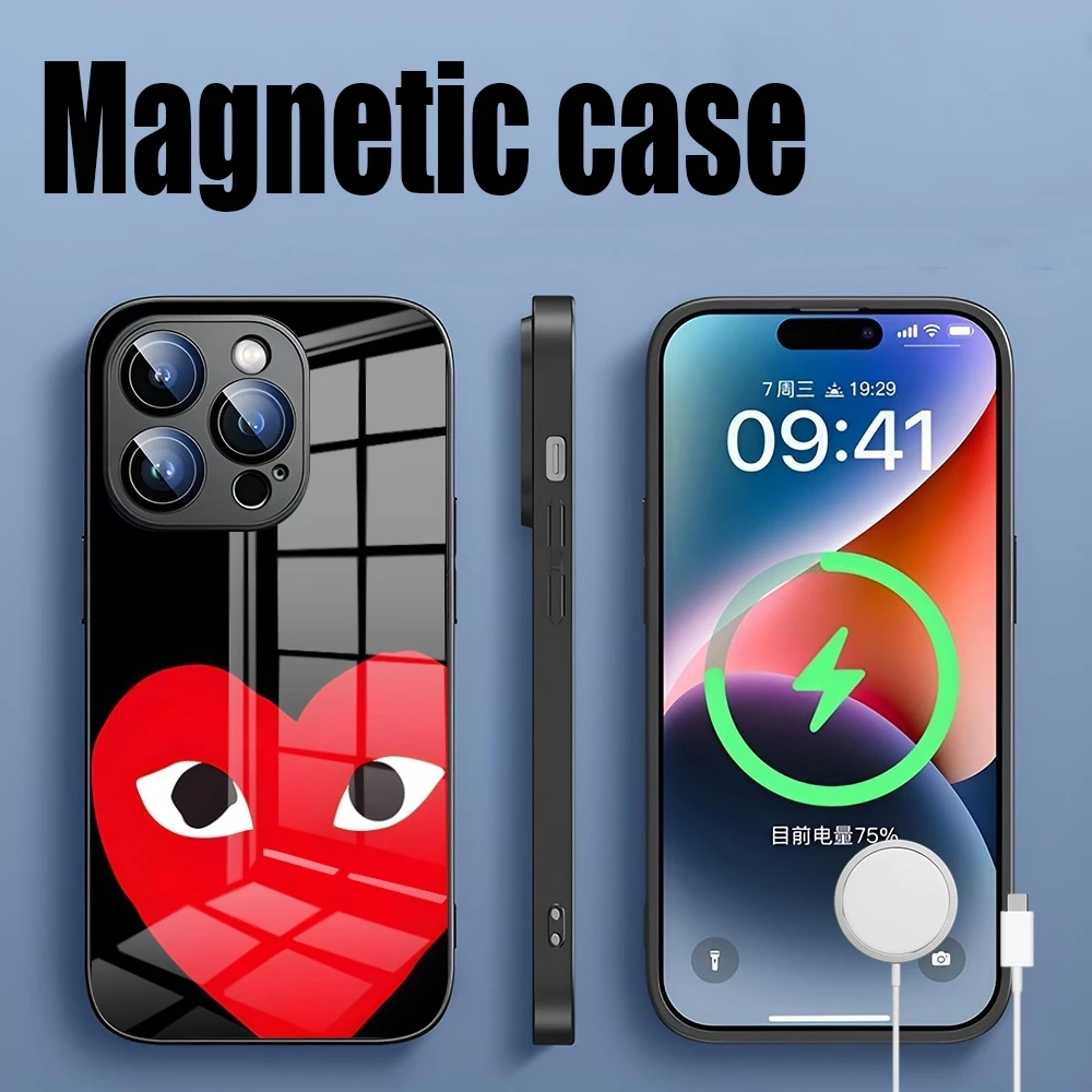 Luxury Play Red Heart C-CDG Love Magnetic phone case For Iphone 15 13 12 14 11 Pro Max Mini X Xr Xs 8 7 Puls 6 Macsafe Glass