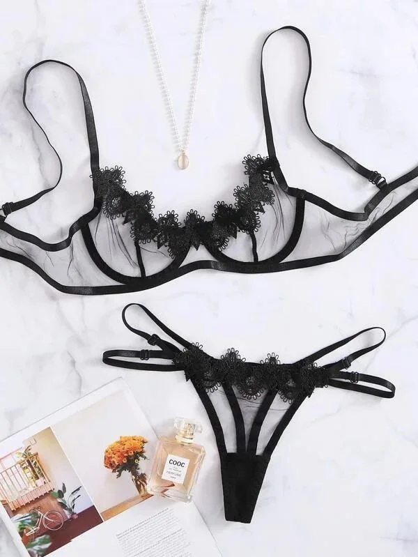 Sexy Lace Lingerie For Women Sexy Push Up Bra Tops Panties Underwear Brief Set Transparent Babydoll Woman Sleepwear Plus Size