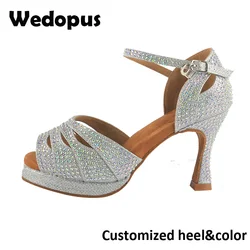 Wedopus Ladies Sparkling Glitter Customized Heel Ballroom Dance Shoes Silver Latin Dancing Sandals 9CM with Platform