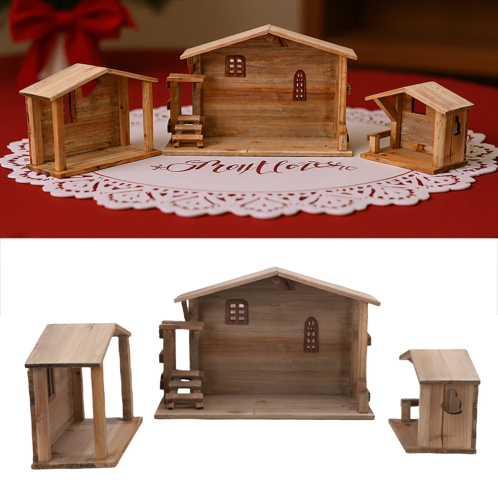 

Xmas Stable Decorative DIY Holiday Rustic Stackable House Ornament Tabletop Decor with Stable for Kitchen Fireplace Table