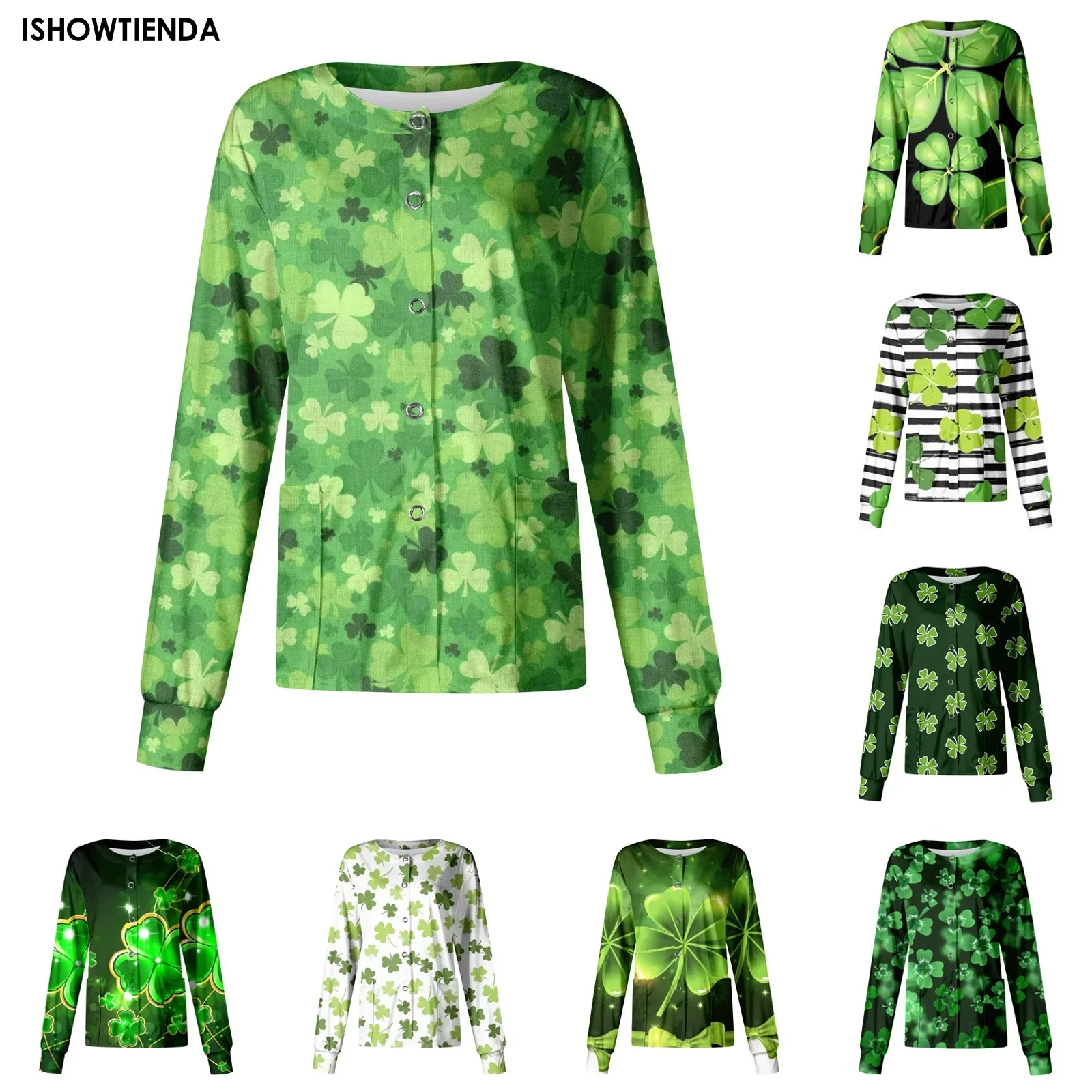 Stand-up Collar Pocket Nurse Working Uniform Single-breasted Protective Overalls Jacket Women Green Pattern Long Sleeve Tops