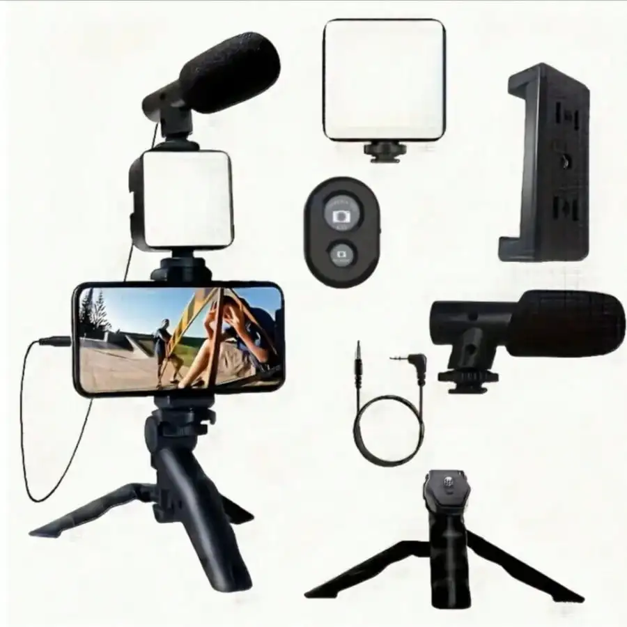 

5-In-1 Multifunctional Phone Stabilizer Bracket with LED Fill Light & Microphone Pistol Grip Portable Handheld Mini Tripod for Selfie Interview Vlog Outdoor Video Shooting