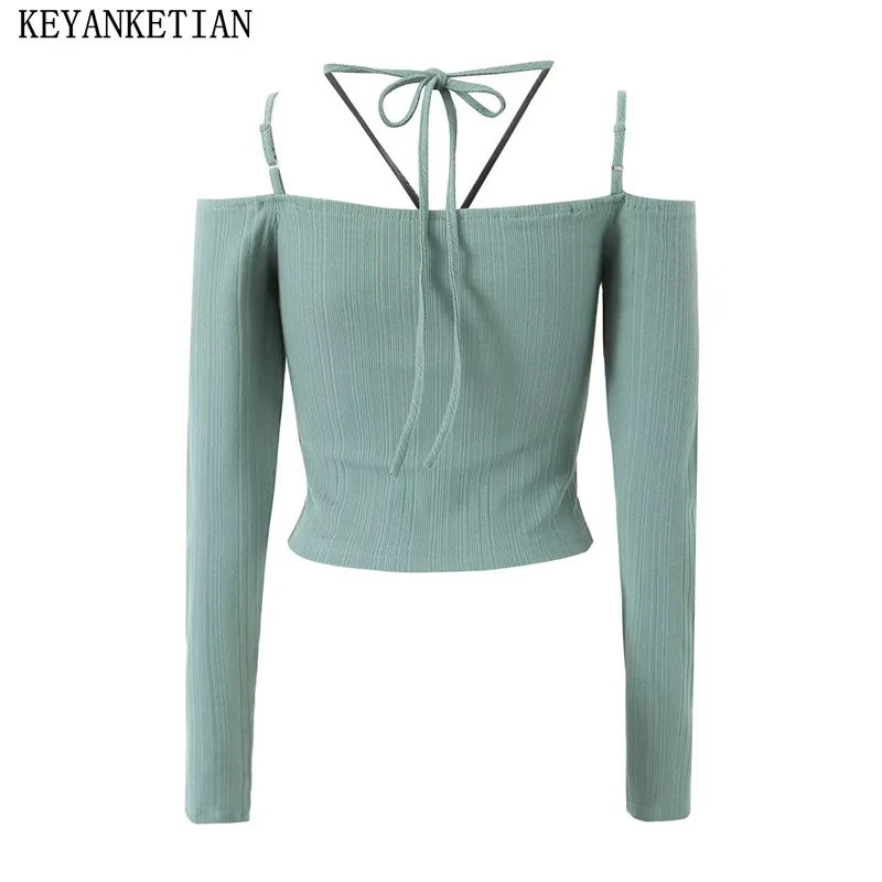 

Осенние новые женские футболки KEYANKETIAN с воротником-лодочкой на шнуровке и длинным рукавом, модная сексуальная тонкая футболка, пуловер, женский укороченный топ