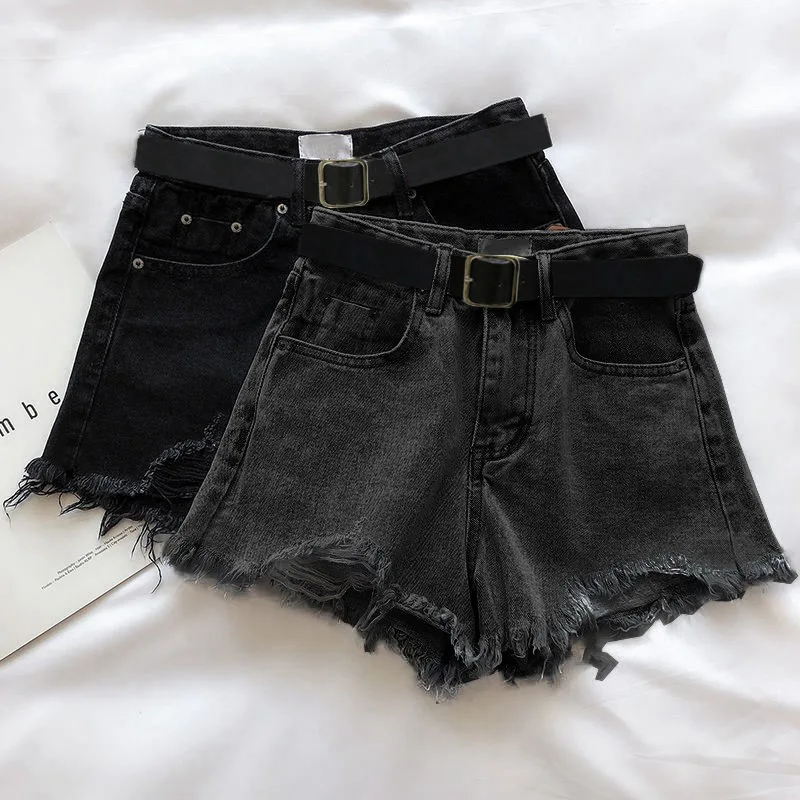 Women High Waist Distressed Denim Shorts Frayed Raw Hem Jean Shorts with Free Matching Belt Casual Summer Hot Pants