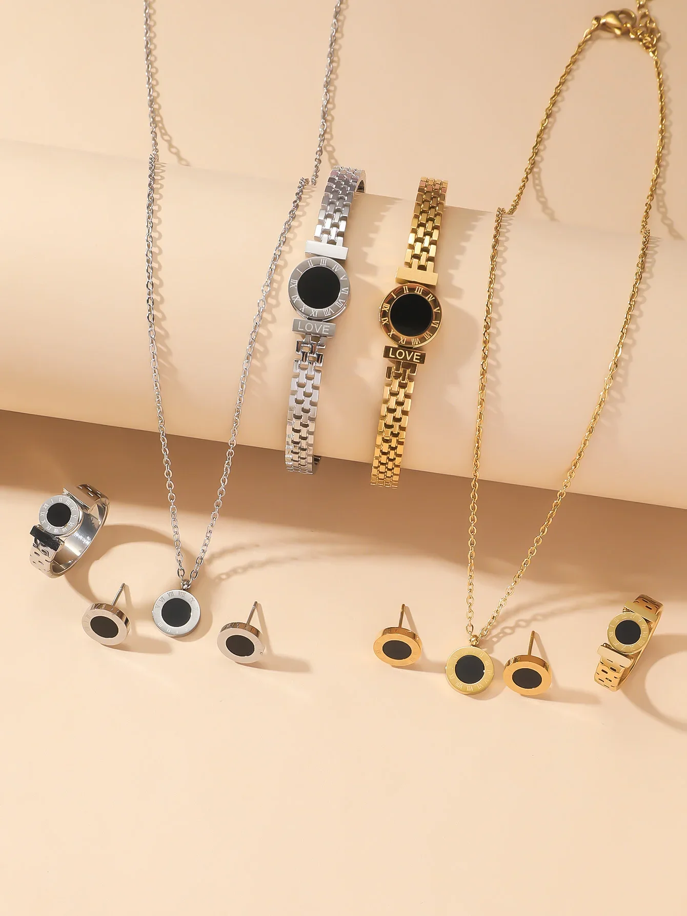 Niche design Roman digital necklace bracelet set female titanium steel ring studs simple