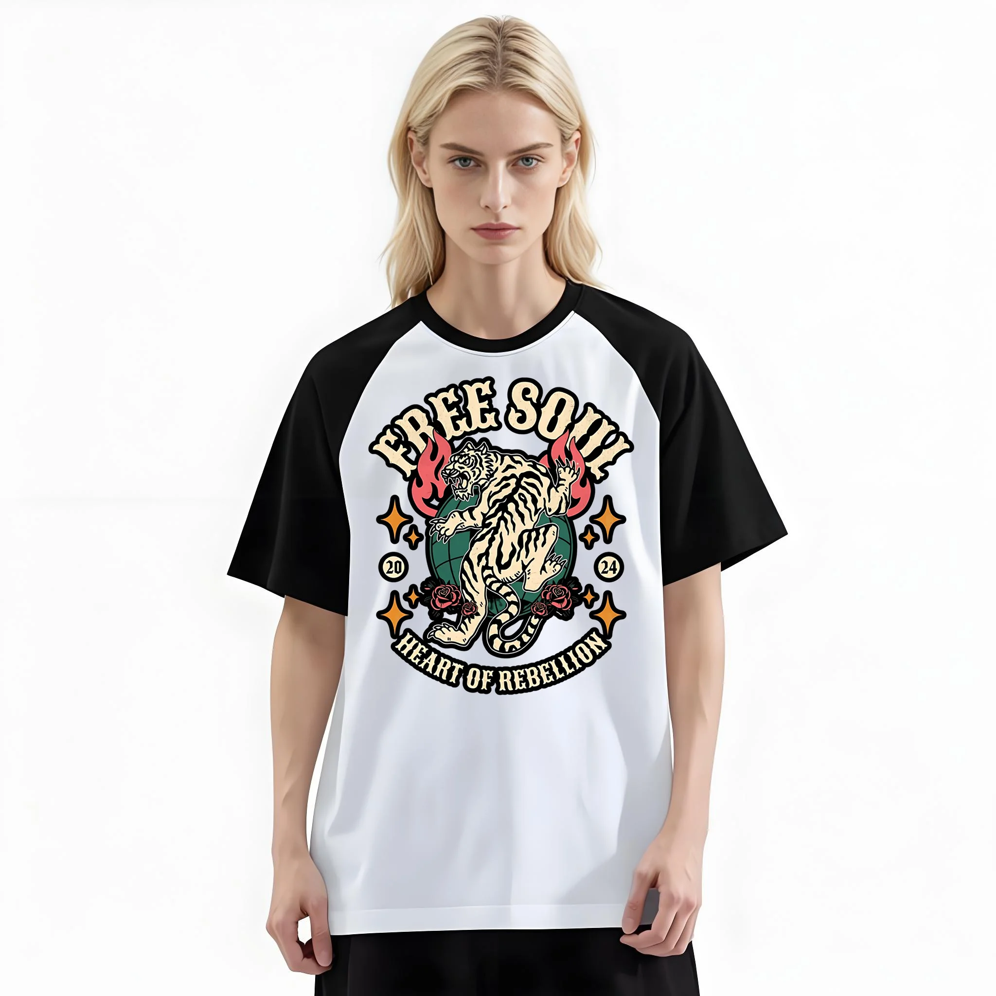 Women'S Fashion Raglan Sleeve T-Shirt, Free Soul Roaring Tiger Rose Globe Retro Grunge Rebel Printed, Summer Casual Comfortable Tee, Women'S Everyday Short-Sleeve Top