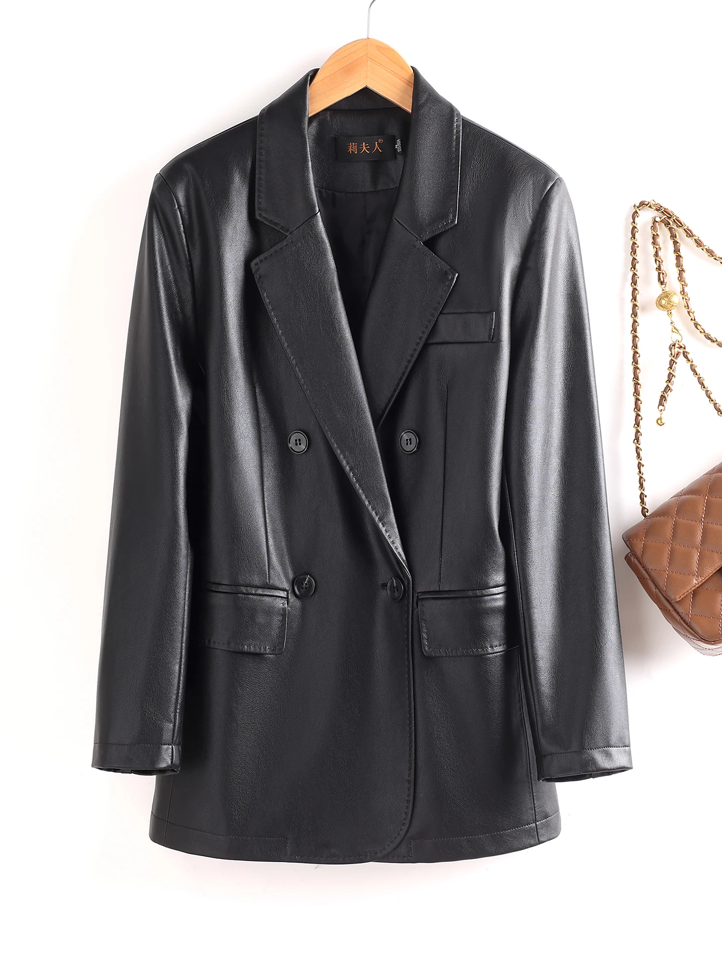 

Женская кожаная куртка Ning из натуральной овчины, средней длины, прямого свободного кроя, новая коллекция Весна-Осень 2025, в корейском стиле, верхняя одежда S...