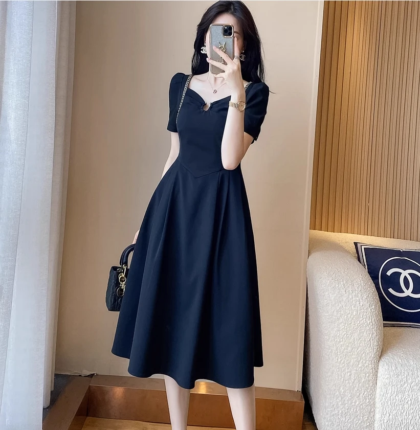 

Черное платье в придворном стиле в стиле ретро с объемными рукавами, облегающим кроем с V-образным вырезом, элегантное платье в стиле для поездок на работу и свиданий.