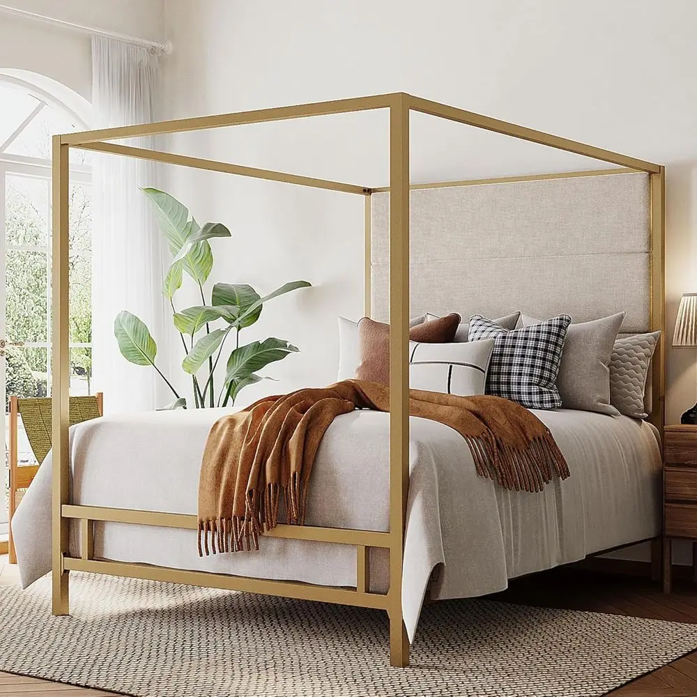 

Кровать размера King-size с высоким изголовьем из льняной ткани, металлическая 4-стоечная кровать с обивкой, требуется пружинный блок, золотистый + бежевый цвет.