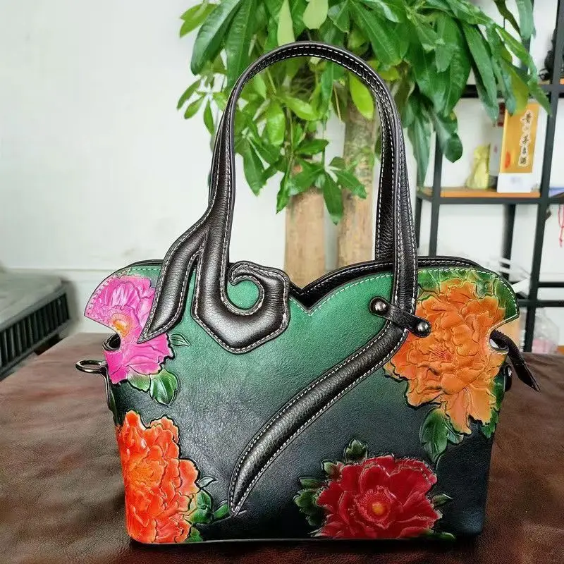 Vintage Real Cow Leather Handbag 3D Embossed Floral Women Tote Bag Fashion Ladies Genine Leather Shoulder or Crossbody Bags