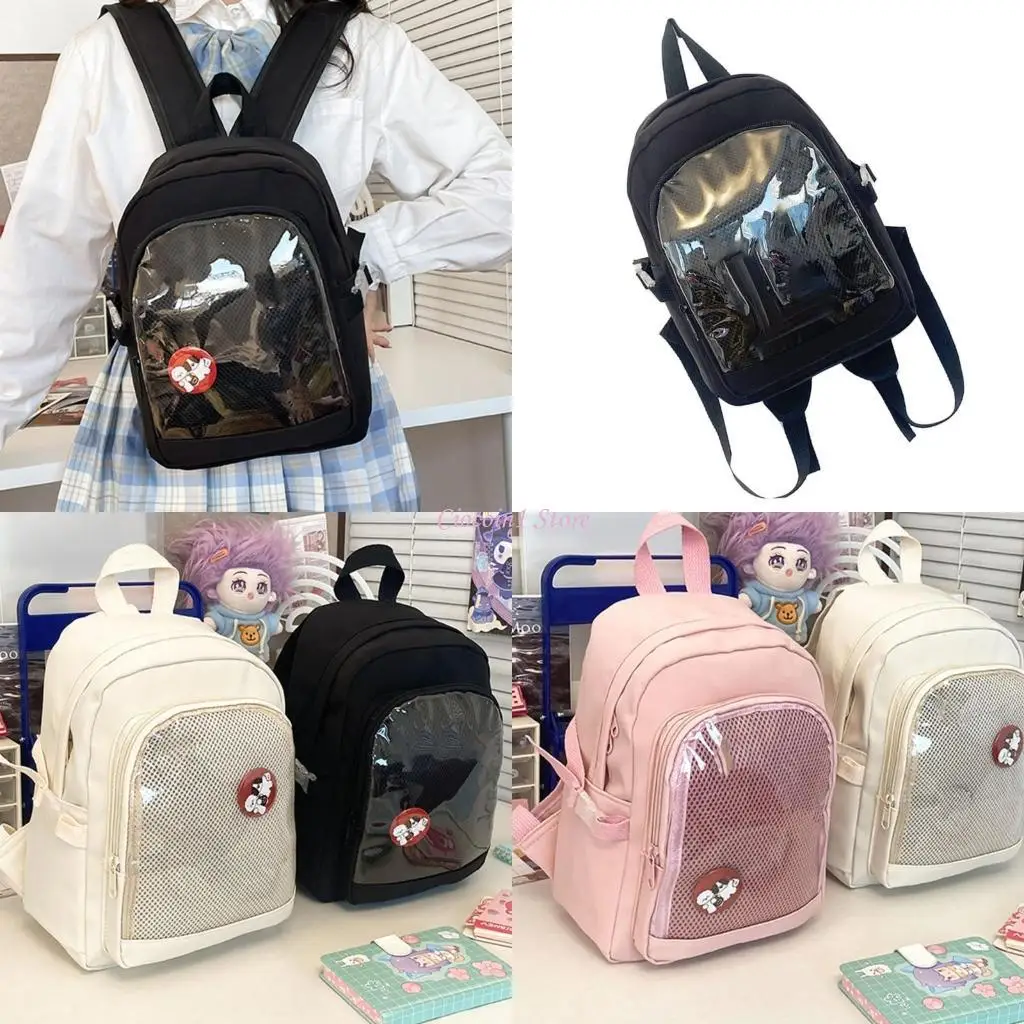 

Y1UB Women School Girl Nylon Shoulder Backpack Itabag Japanese Transparent Small School Bag for Animes Pin Display