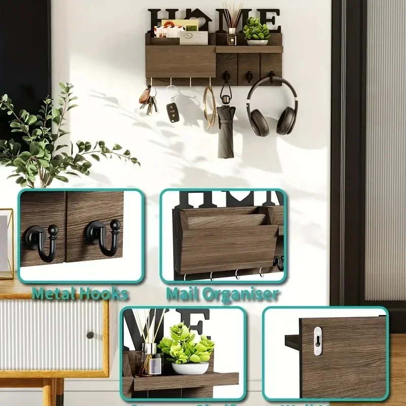 1pc Wall Hanging Storage Holder Wooden Wall Mounted Storage Rack with 7 Hooks Plant Mail Storage Organizer for Home Decor