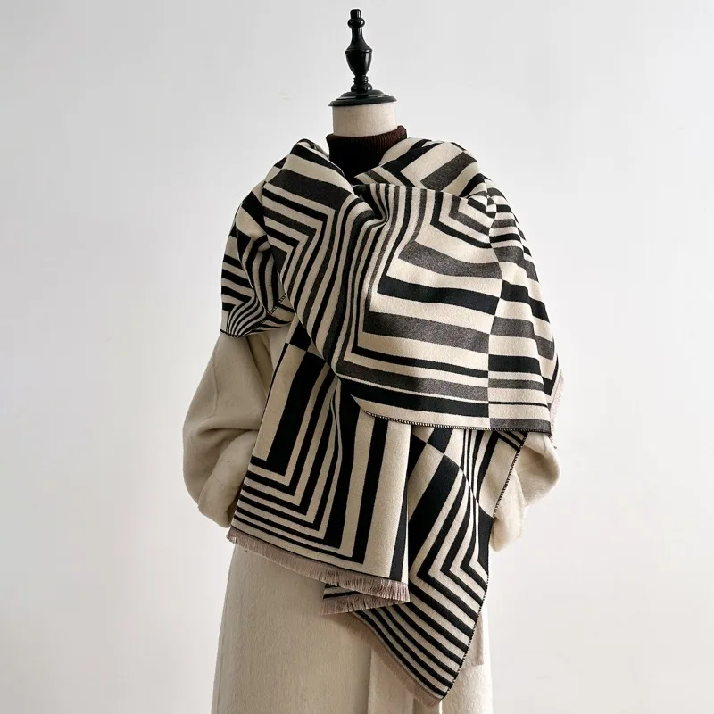 

Korean-style striped fashion H autumn/winter faux cashmere scarf for women, winter thickened reversible cold-proof neck warmer