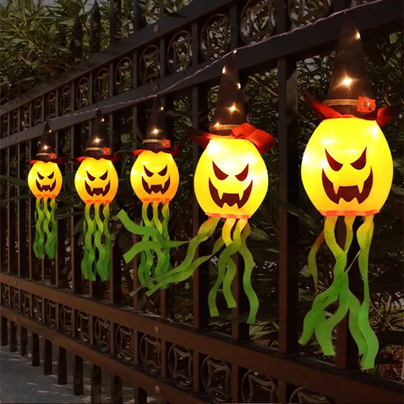 Halloween Decor Outdoor Hanging Pumpkins With Witch Hats Led Colorful String Lights Waterproof Battery Home Porch Yard Garden