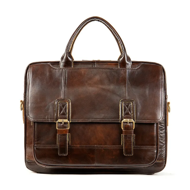 Men's Large Capacity Briefcase Top Grain Leather Messenger Bag Padded Laptop Compartment Business Travel Top Handle