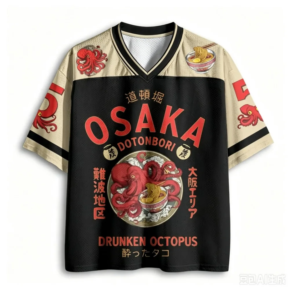 Harajuku Pattern of Osaka Octopus Ramen 3DPrint Sport Quickdry Breath Men V-neckT-Shirt Outdoor Street Casual Parent-Child Cloth
