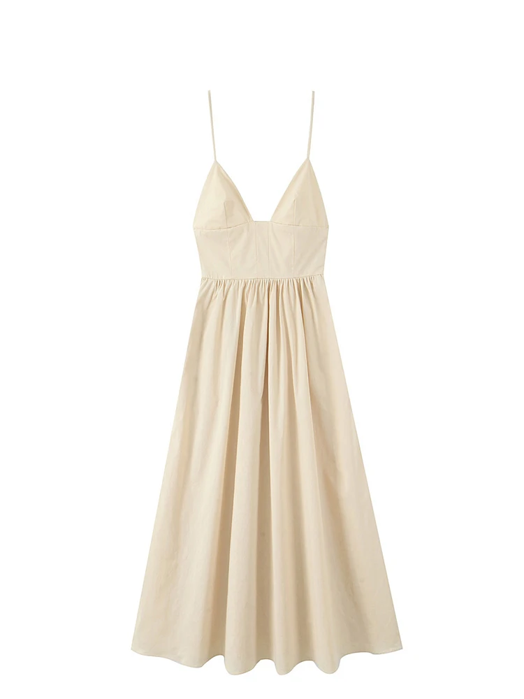 

HH 2025 Woman Summer Backless Side Zipper Pleated Decorate Elegant Midi Dress Women's Fashion Sleeveless Beige Party Dresses
