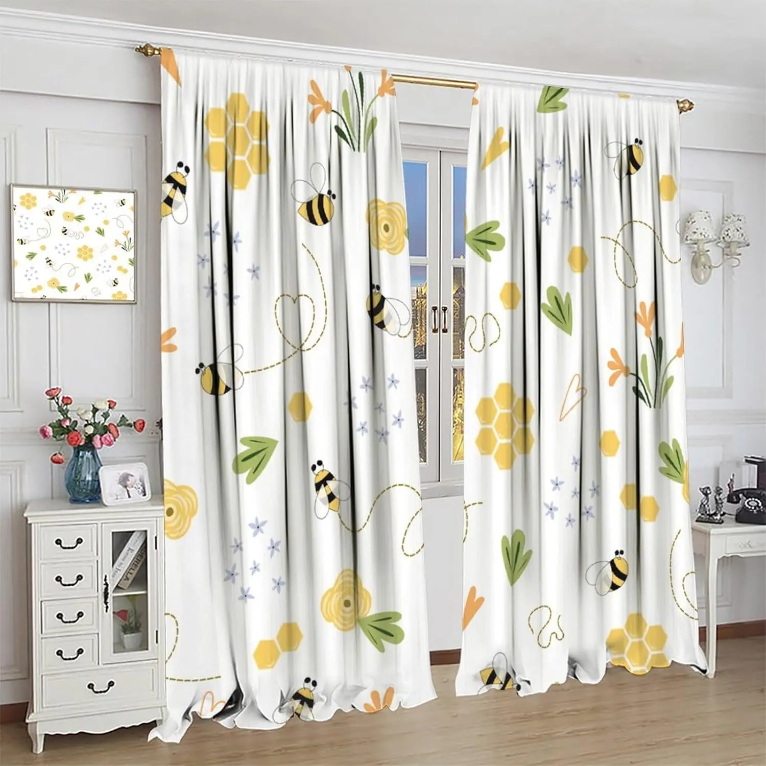 Cartoon Spring Bee Flower Curtains Flying Bees Beautiful Flowers Pentagonal Petals Green Weeds Yellow Honey Window Drapes for