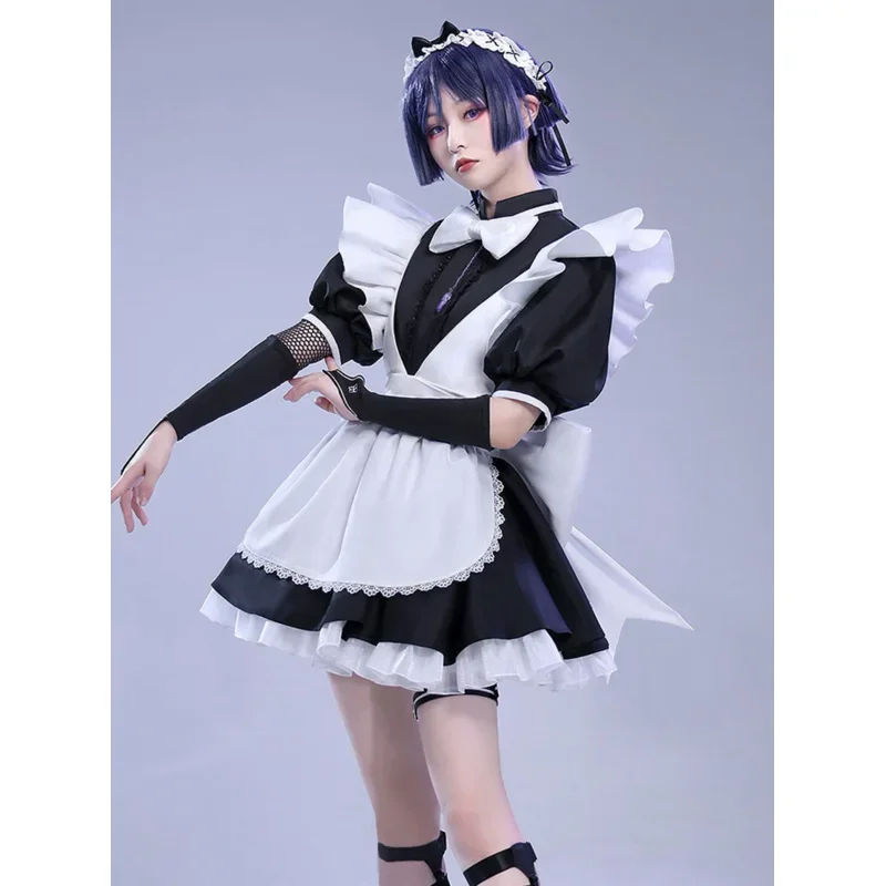 Anime Wanderer Scaramouche Maid Uniform Genshin Impact Cosplay Costume Black Lolita Short Sleeve Maid Dress with Ruffle Apron