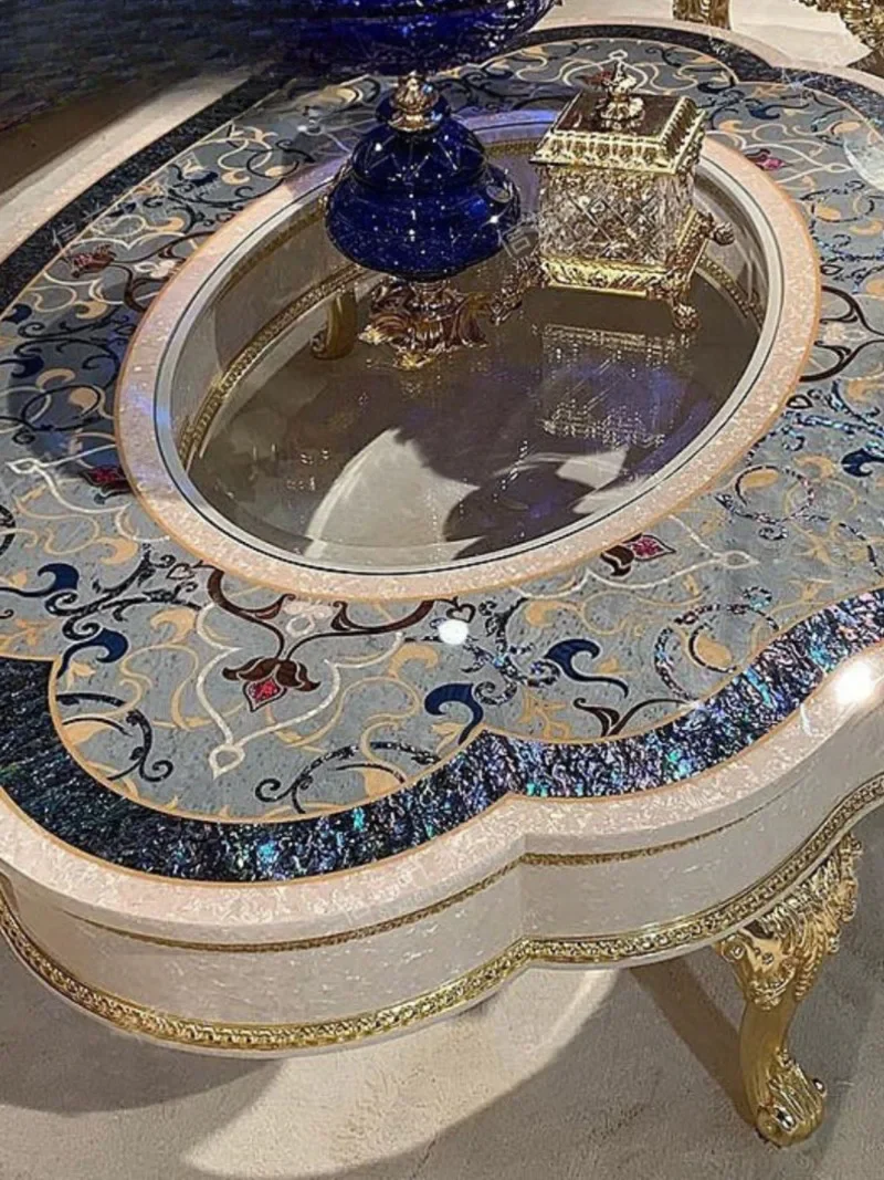 French solid wood colored shell parquet oval tea table luxury European court coffee table