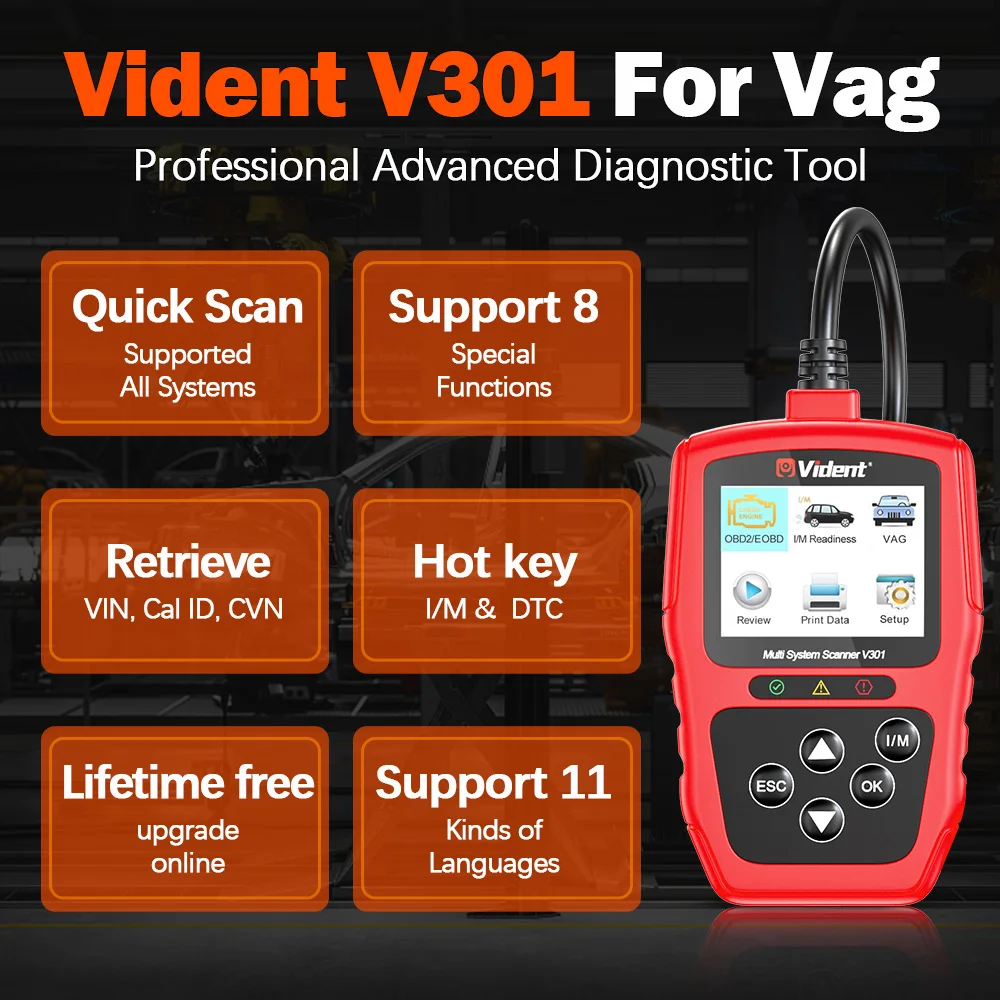 Vident V301 Car Engine Diagnostic Tools All System OBD2 Code Reader for VAG with Oil DPF Battery 8+Reset Obd2 Auto Scanner