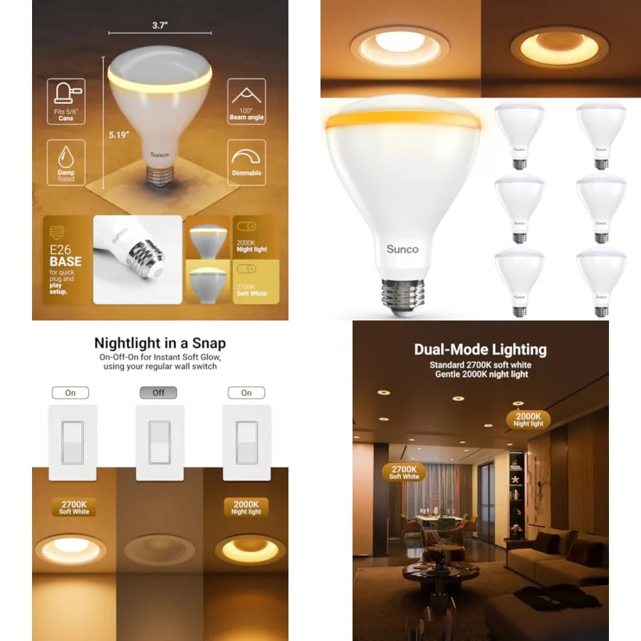 

Sunco 6 Pack BR30 Night Light, Sleep Light Bulb, Blue Light Blocking for Lamp, Bedroom, Mood Soothing, Nursery, 8.5W=55W, 2CCT