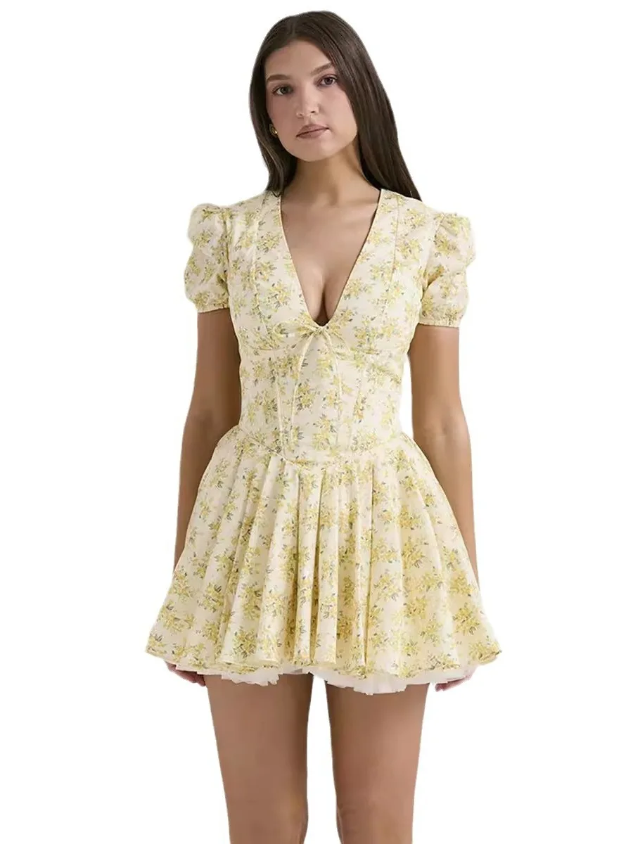فستان صيفي بقصة ضيقة وطبعة زهور وياقة على شكل V للنساء، فستان بخصر مرتفع وتصميم فرنسي من ألياف البوليستر بتنورة على شكل حرف A