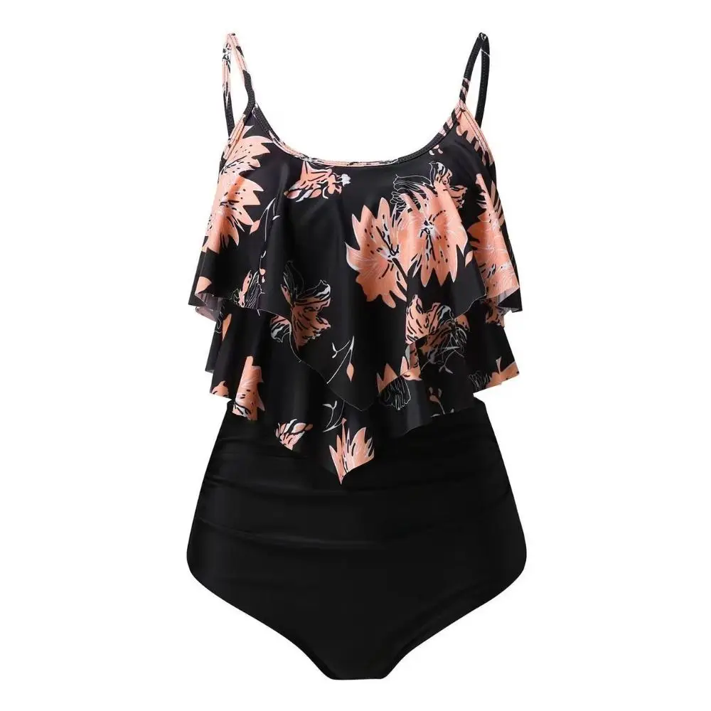 U-neck Sleeveless Floral Printed Swimwear Solid Color Split Skinny High Waist Bikini Nylon Material Striped Design