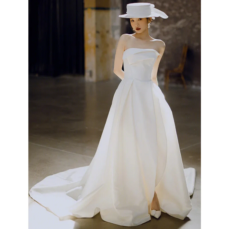 Mariage Vintage White Satin Wedding Dresses Bridal Tube Top Party Gown Vestidos De Noiva