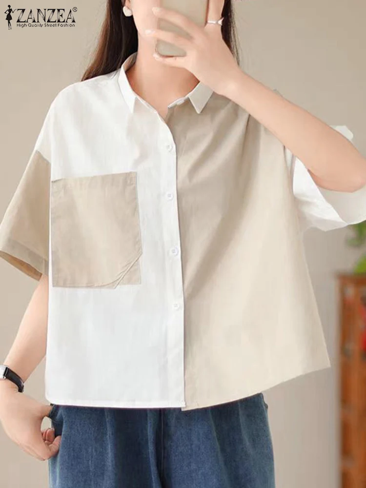 

ZANZEA Casual Loose Colorblock Short Tops Women Patchwork Shirt Korean Style Short Sleeve Tunic Fashion Turn Down Collar Blouse