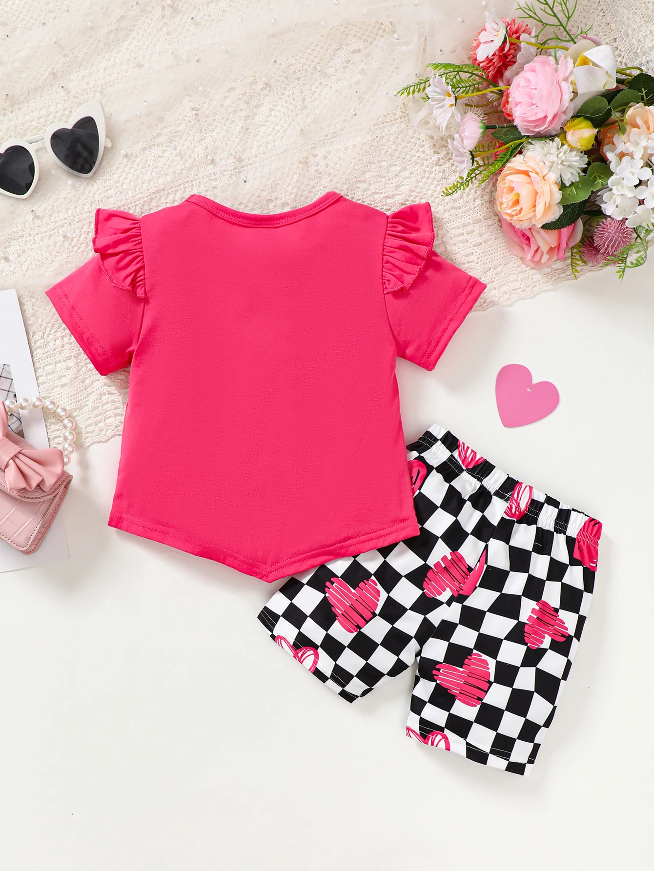 4-7Y Cute Girl Summer Fashion Set Pink Cartoon Printed T-shirt+Checkered Love Shorts Clothing Sweet 2PCS Dressing for Children