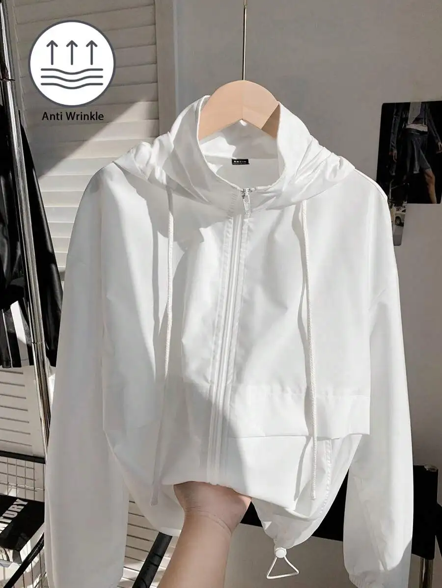 

White Lightweight Zip-Up Hooded Jacket with Drawstring Waist for Casual Wear