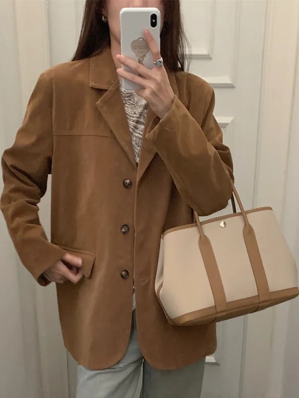 Retro Chic Lange Sve Revers Single Button frauen Casual Jaet Oberbekleidung Deer Haut Samt Lose Fit Koreanische Sle Mantel