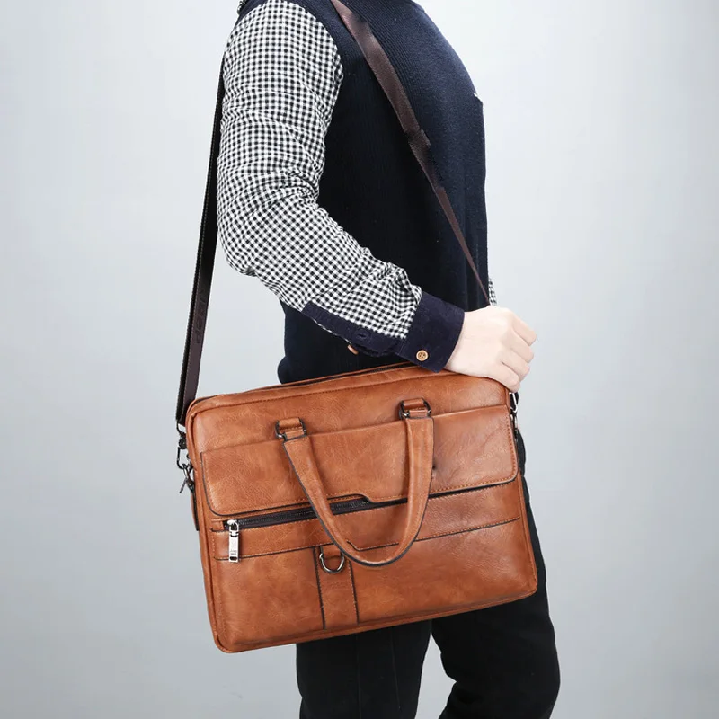 High Quality Men Briefcases Bag For 14 inch Laptop Business Travel Bags Handbags Leather Office Shoulder Bags For Man