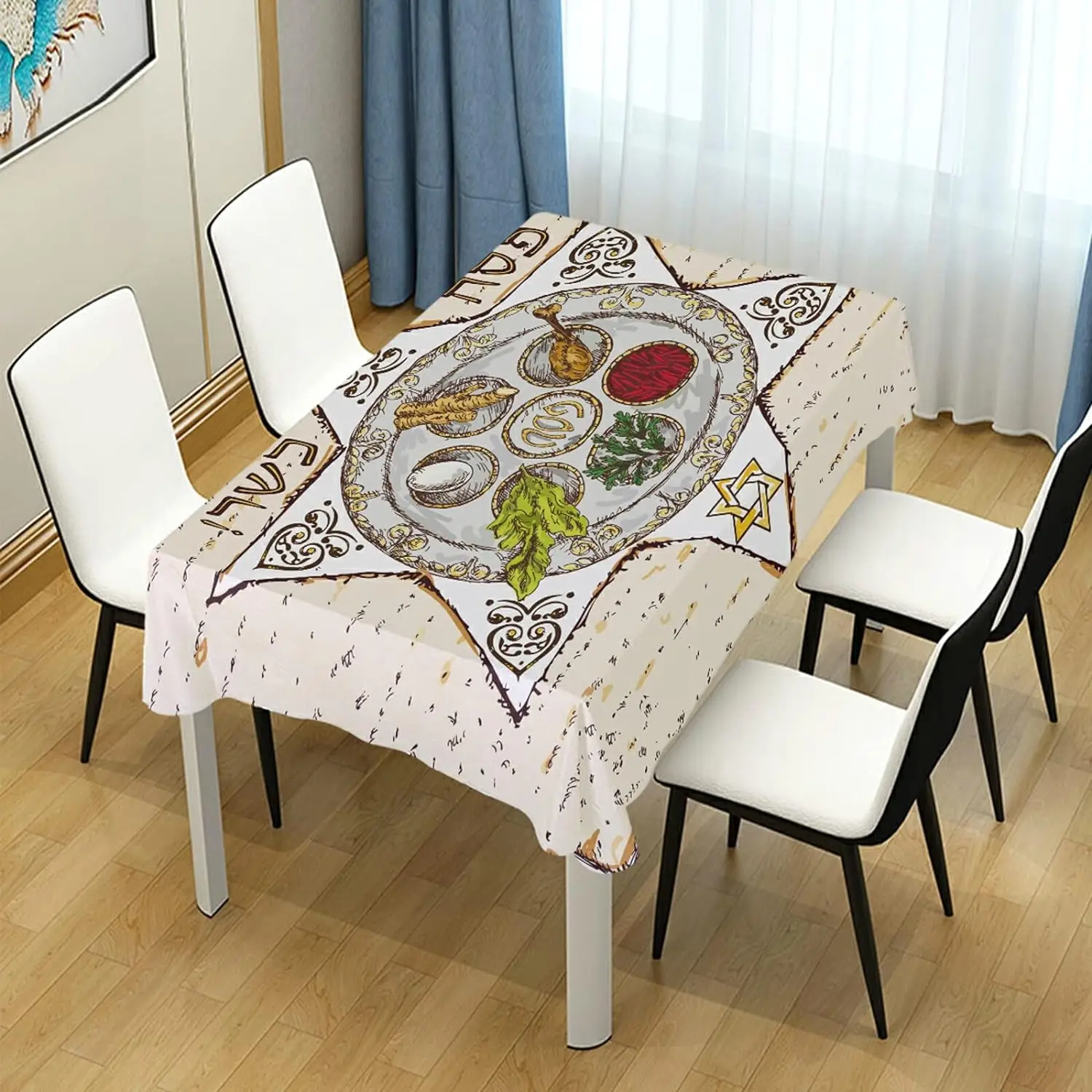 Happy Passover Hexagram Waterproof Rectangle Tablecloth Jewish Holiday Table Decor Reusable Kitchen Dining Table Cloth Decor