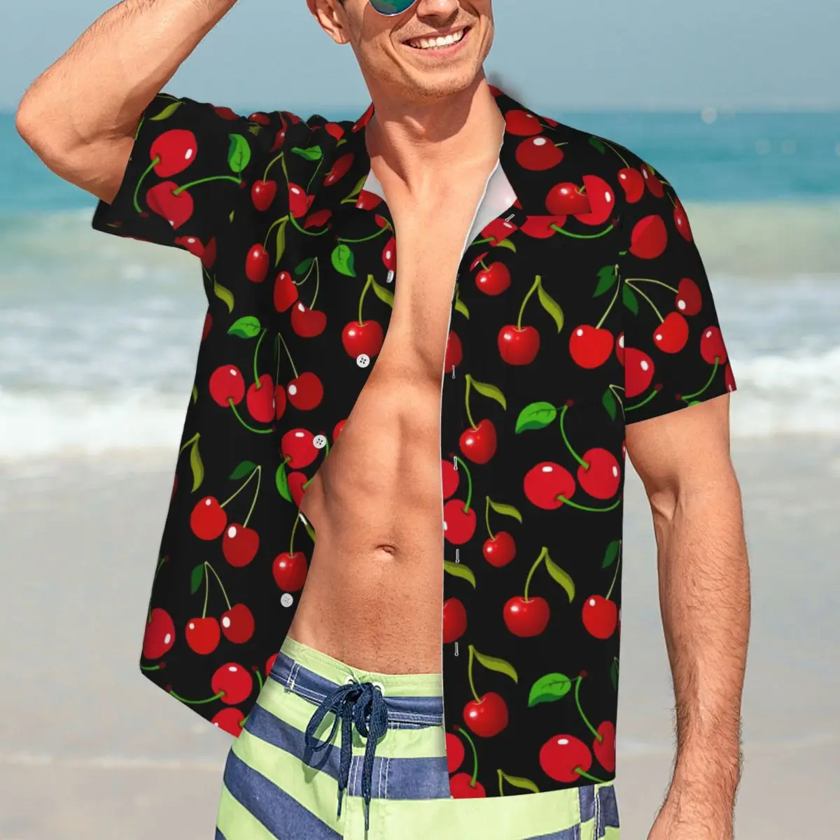 

Summer Shirt Beach Red Cherries Print Blouses Green Leaves Cool Casual Shirts Men Short-Sleeved Breathable Top