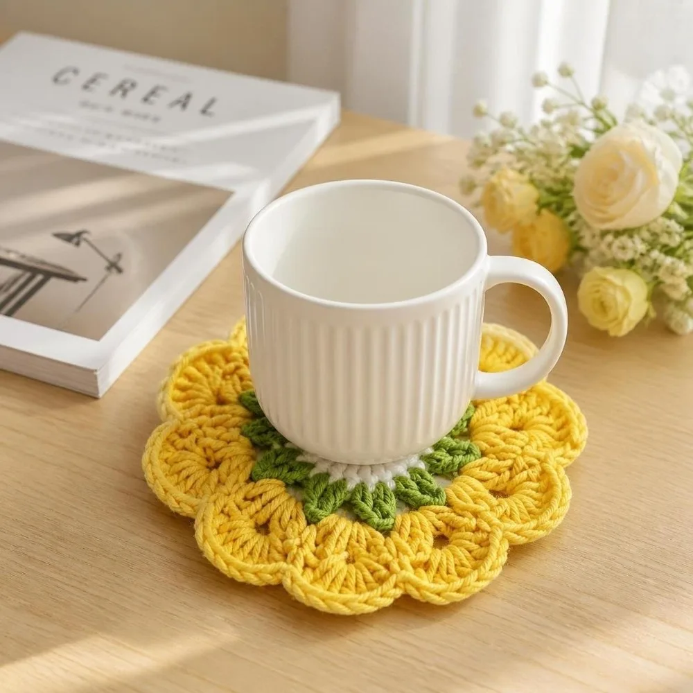 Knitted Crochet Flower Coasters Heat Resistant Non Slip Trivet Mats Home Decor Handmade Coffee Cup Mat Dining Table