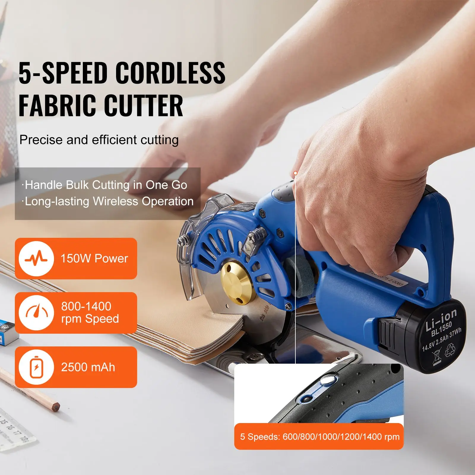 Fabric Cutter, 5-Speed Cordless Electric Rotary Fabric Cutting Machine, 1.1