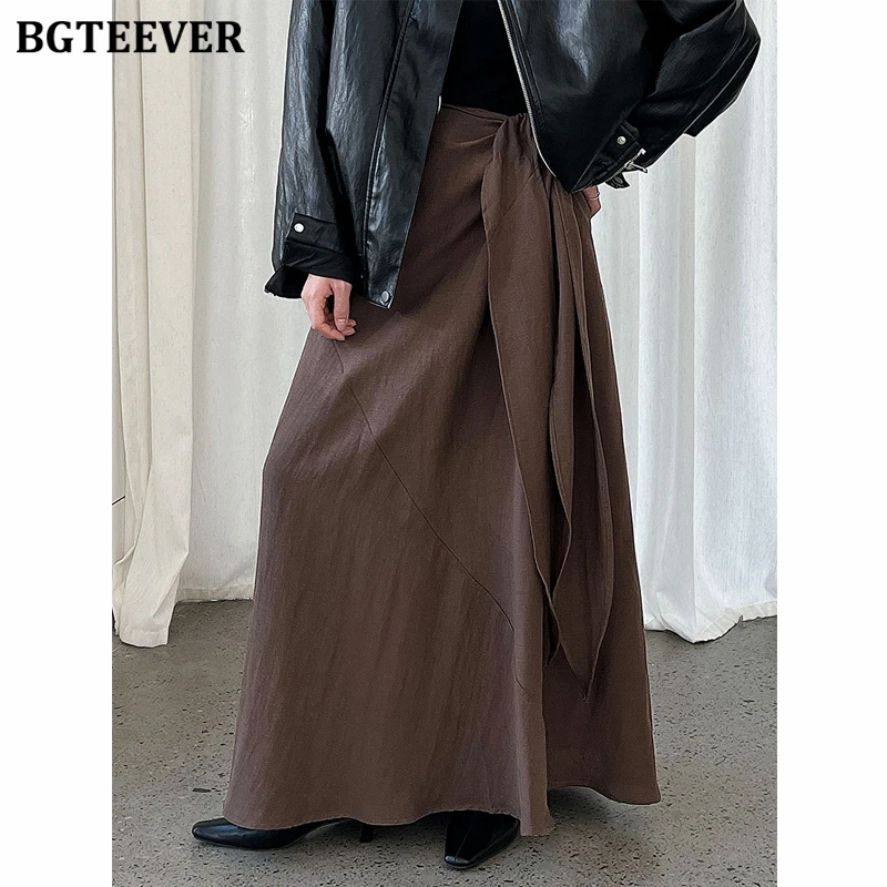 

BGTEEVER Stylish Chic Loose Female Solid A-line Skirts Autumn Fashion High Waist Lace-up Women Long Skirts