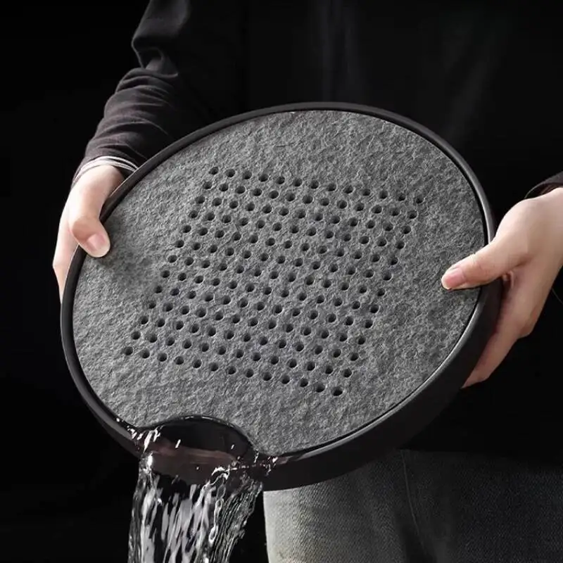 Black Serving Tea Tray Stone Mini Drip Ceremony Drainage Coasters Office Tea Tray Round Hospitality Bandejas Home Decorationgs