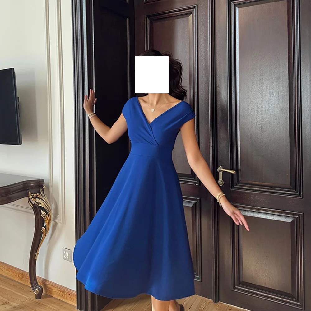 

Exquisite V-Neck Off the Shoulder Jersey Evening Dresses Fashion A-Line Knee Length Short Sleeves Special Occasion Gowns