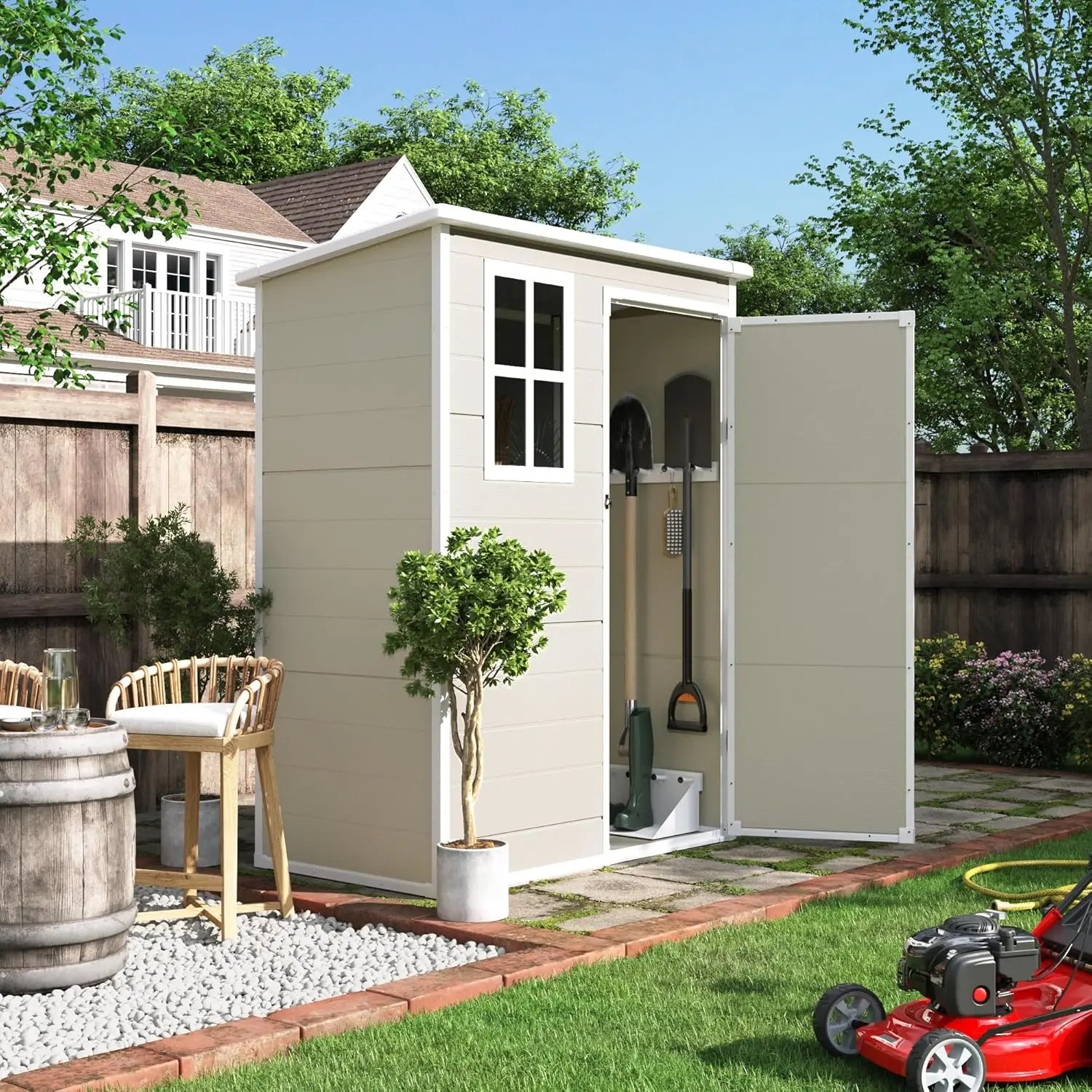 

Outdoor Storage Shed 5x3 FT, Plastic Garden Shed for Bike, Garbage Can, Tool, Outside Sheds & Outdoor Resin Shed with Lockable D