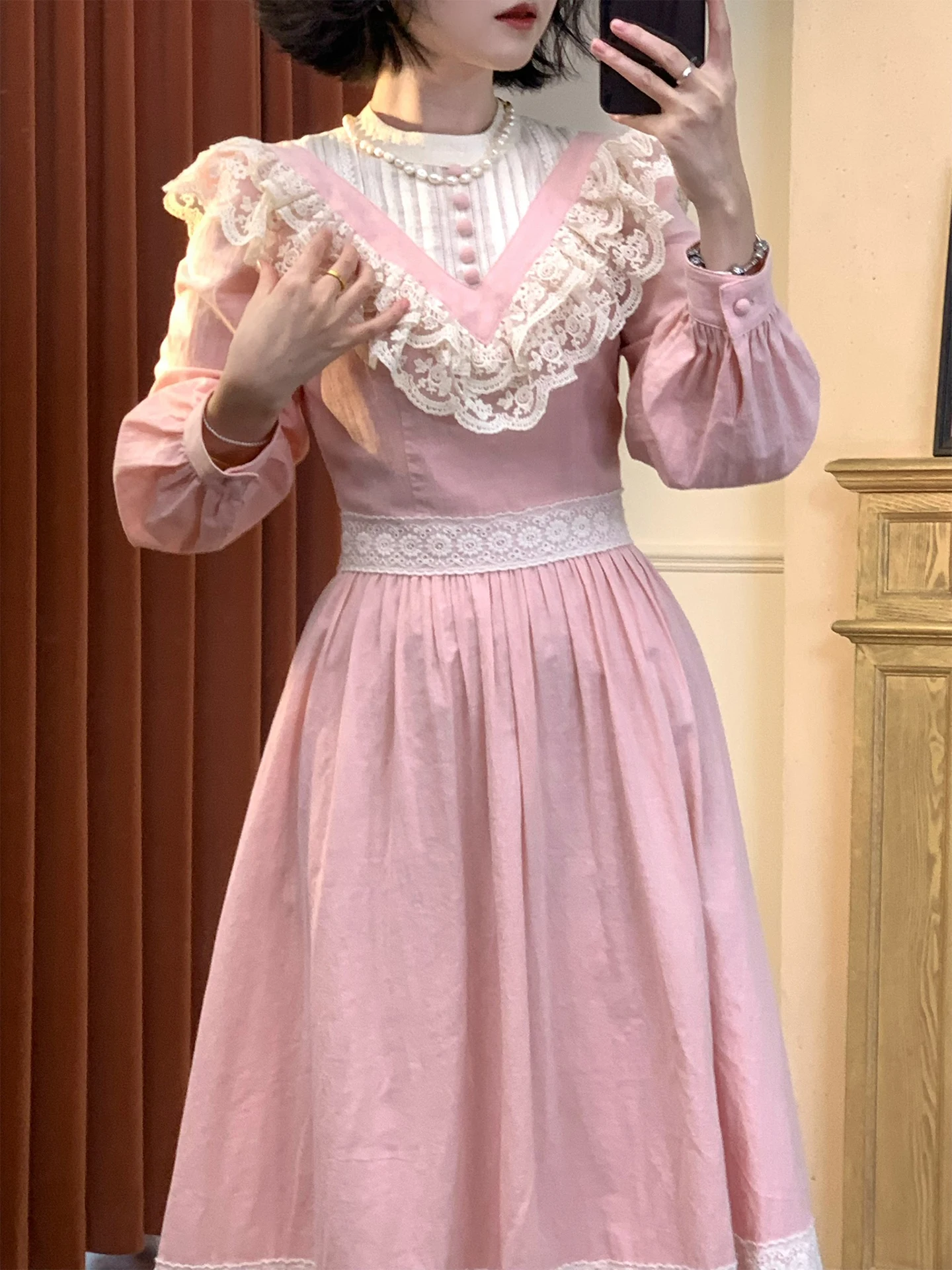 TIYIHAILEY printemps automne coton femmes robe rose à manches longues mi-mollet dames vêtements S-L Vintage taille haute 2026 dentelle