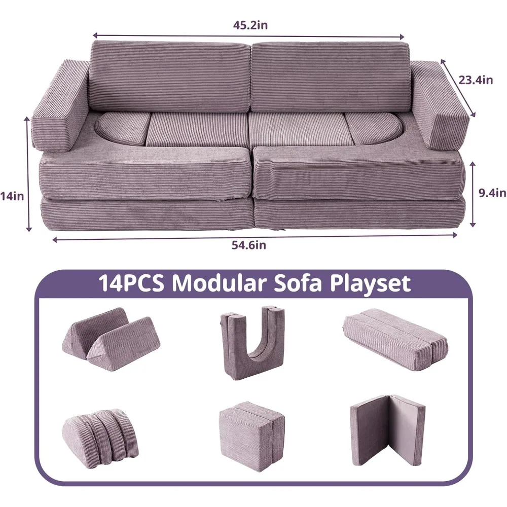 Kindercouch – 14-teiliges modulares Kinderspielsofa, umwandelbare Schaumstoff-Kleinkindcouch, Kindersofas, 500 + kreatives DIY-Spielzimmer