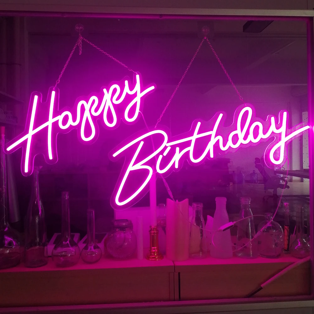 Feliz aniversário sinal de néon 45cm 51cm 76cm regulável led neon festa de aniversário sinal de luz com suporte acrílico transparente luzes de sinal de parede