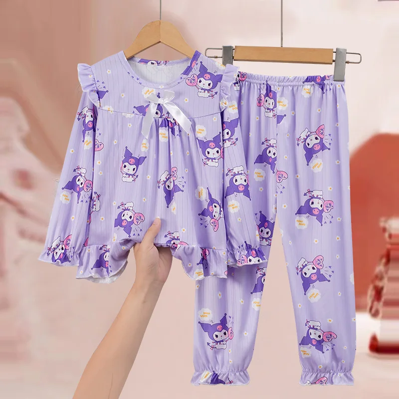 Sanrio Cartoon Girls Sleepwear Kuromi Melody Cinnamoroll Long Sleeved Pajama 2pcs Set Children Spring Autumn Homewear Clothes