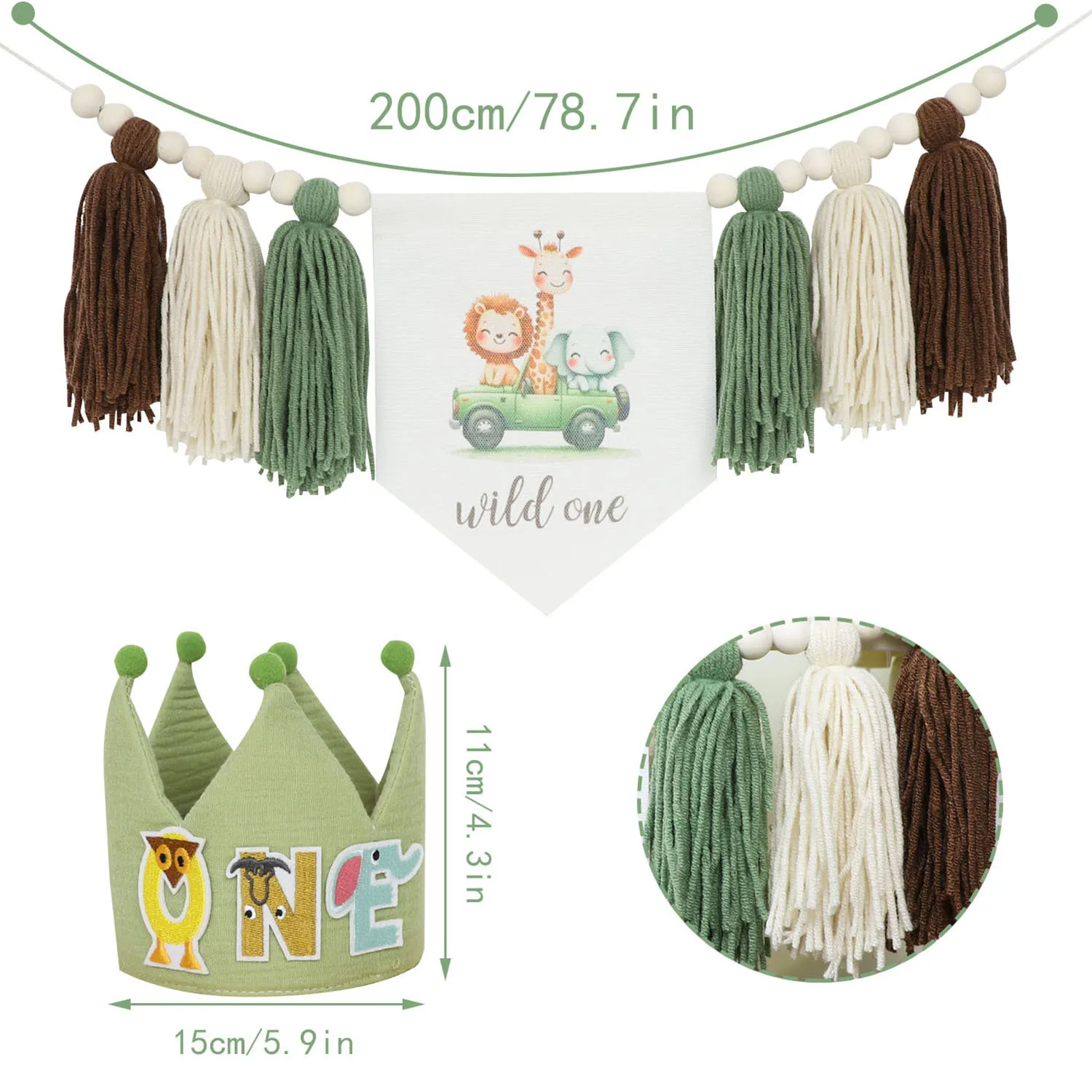 INS 1 قطعة أطفال سفاري الحيوان عيد ميلاد كرسي مرتفع جارلاند بوهو حبة خشبية شرابة الغابات 1st حفلة الأسد الأخضر راية